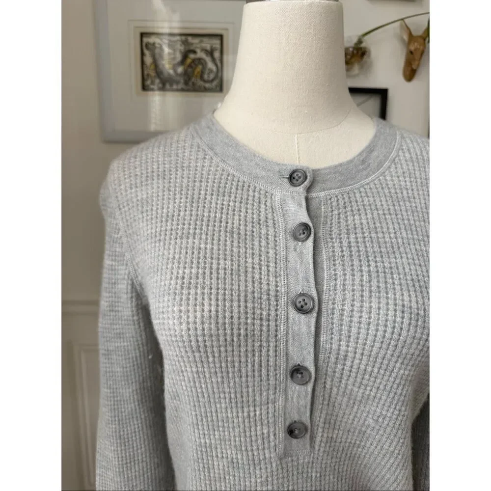 J Crew 100% Cashmere Waffle Knit Thermal Henley Sweater Grey S
